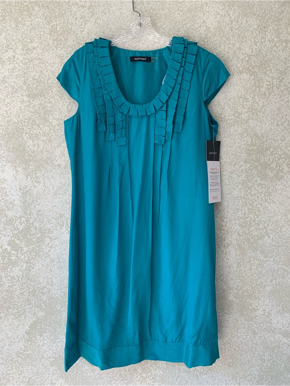Ellen Tracy Teal Pleated Scoop Neck Midi Dress